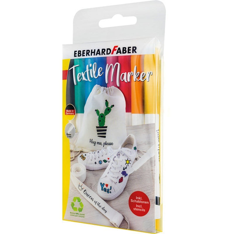 Laad de afbeelding in de Gallery-viewer, Eberhard Faber Textielmarker 8 Stuks In Etui + 4 Stencils Met Sjablonen