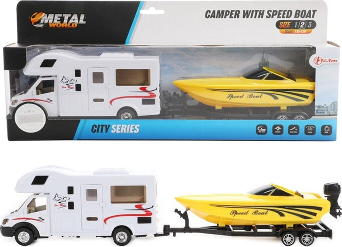 Toi-Toys Camper Met Speedboot Pull Back 1:48