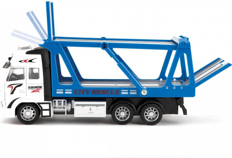 Laad de afbeelding in de Gallery-viewer, Metal Autotransport Vrachtwagen 1:38 Blauw 12Cm
