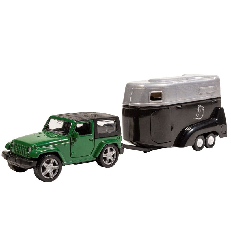 Laad de afbeelding in de Gallery-viewer, Basic City Die-Cast Jeep Met Paardentrailer Groen/Zwart
